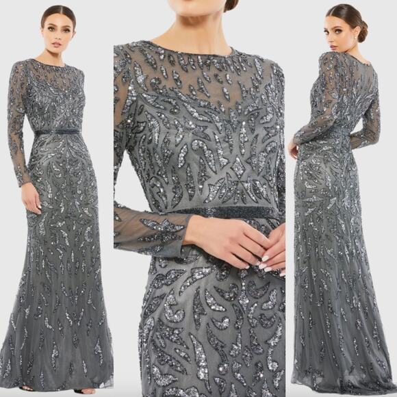 Mac Duggal Dresses & Skirts - Mac Duggal 5124 Beaded Long Sleeve Evening Gown In Charcoal Size 8 New